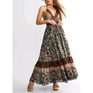 green emerald velvet dress FREE PEOPLE Maxi BLUEBELL Patchwork Tiered Dress  Silver Accents